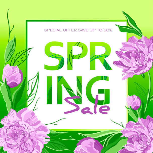 Spring Sale background with peonies flowers. Spring placard, poster, flyer, banner invitation card. Flowers and leaves, can be used as web, greeting card, spring background.  - Photo, Image
