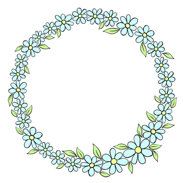 Vector hand drawn circle frame, border, wreath from color small flowers in doodle style. Cute simple primitive background, decoration for invitation, greeting card, wedding. - Vector, Imagen