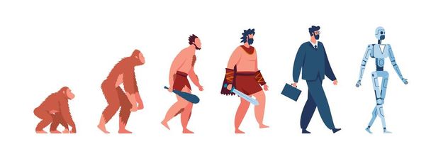 人間の進化、猿、洞窟人、ビジネスマン、サイボーグ。古代の猿から現代の男とロボットベクトルの概念に進化する男性の文字 - ベクター画像