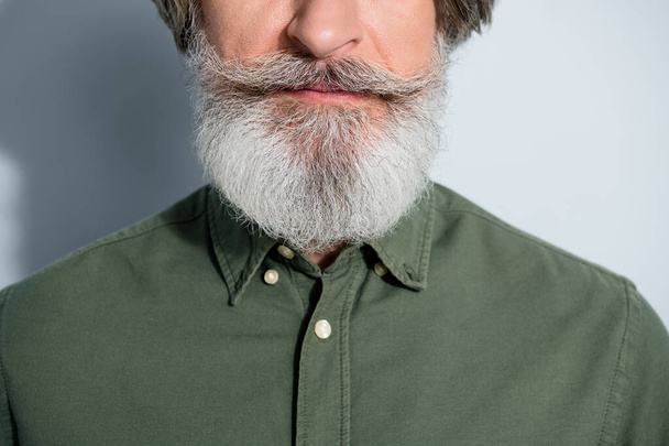 Cropped view portrait of attractive content groomed grey-haired man bushy beard isolated over gray pastel color background - 写真・画像