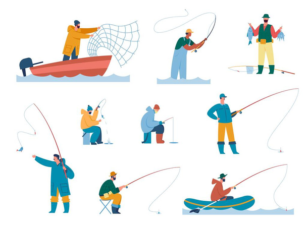 Lidé rybaří s prutem na jezeře, rybáři chytají ryby sítí. Rybářské postavy, rybáři rybaření na ledě, letní rekreační aktivity vektor set - Vektor, obrázek