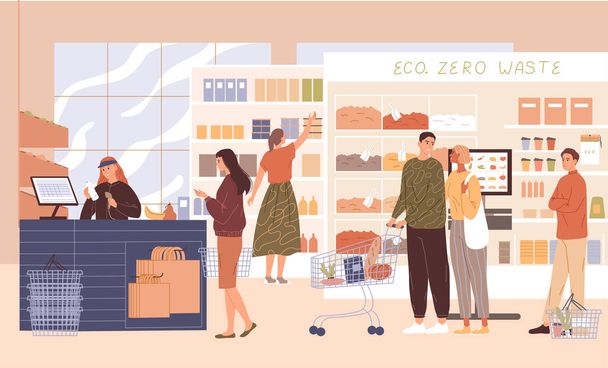 Pessoas no supermercado comprando mantimentos ilustração vetorial - Vetor, Imagem
