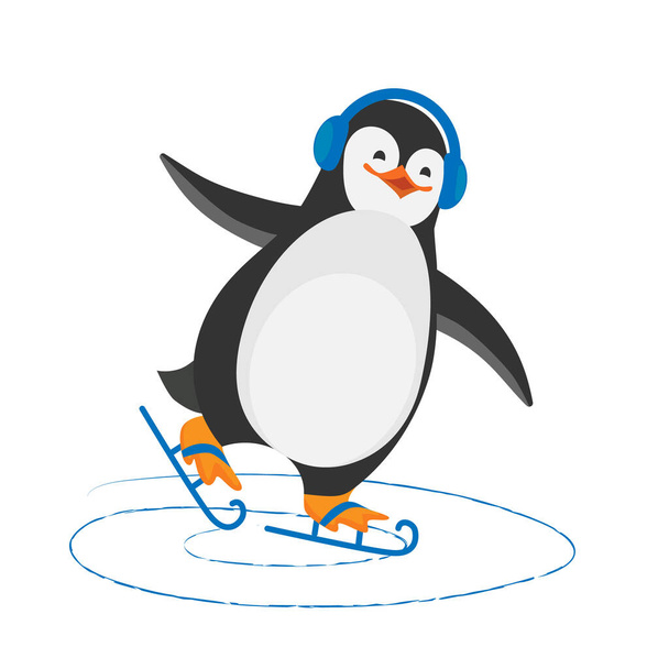 Stock vector platte grappige cartoon Kerst pinguïn is schaatsen op ijs.Vector geïsoleerde afbeelding. - Vector, afbeelding