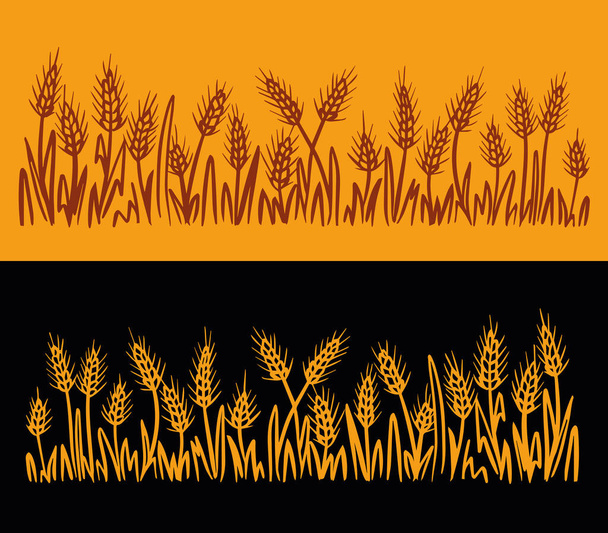 Wild ears of wheat andherb, grass.Cereal corn hand made.Vector illustration.Brown and yellow lines on yellow and black background.Isolated hand drawn pictures.Rye drawn in one line for the frame. - Vector, Image
