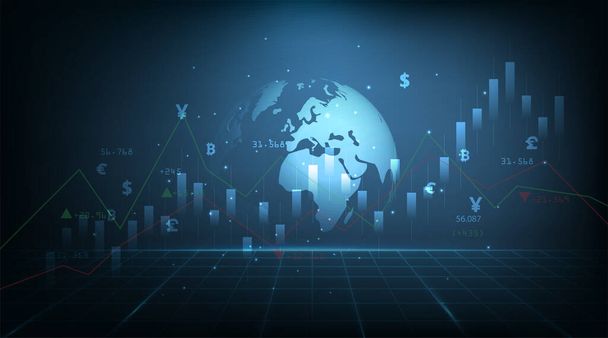株式市場の投資取引の概念のビジネスキャンドルスティックグラフ世界地図と株式市場のグラフ図、デジタル技術、ビジネスアイデアやアートワークデザインのグラフ. - ベクター画像
