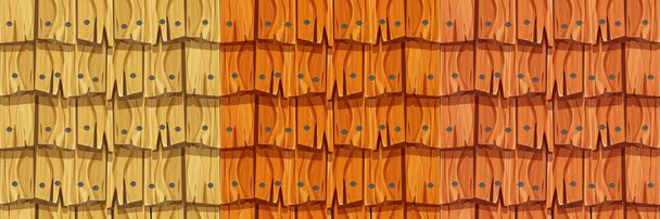 Set old wooden roof, shingles cover from planks with nails, ui game background, seamless pattern in cartoon style isolated. Detailed, textured material.  - Vector, Image