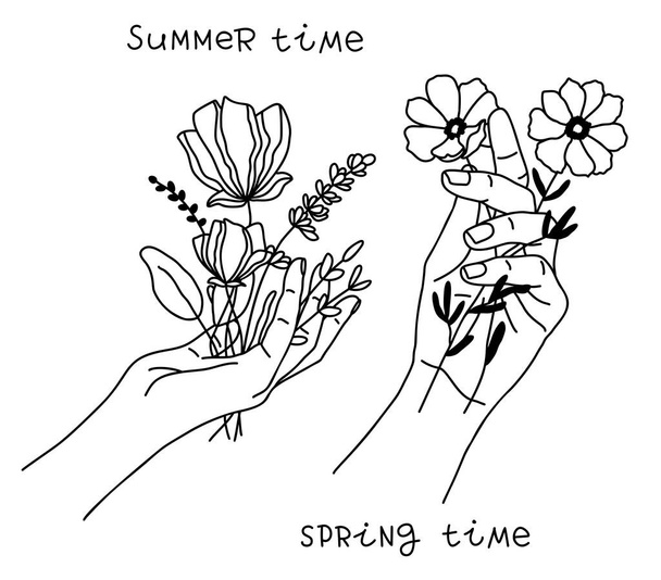 Διάνυσμα γραμμή τέχνη χέρι με μπουκέτο λουλούδια - Διάνυσμα, εικόνα