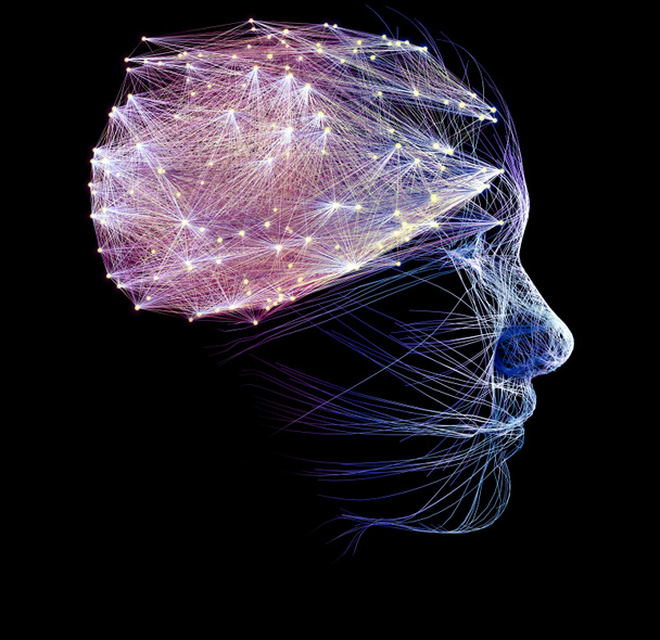 Neurologia, filosofia: conexões, o desenvolvimento do pensamento e da reflexão, as infinitas possibilidades do cérebro e da mente. Anatomia humana. Realidade digital, consciência artificial. Renderização 3d - Foto, Imagem