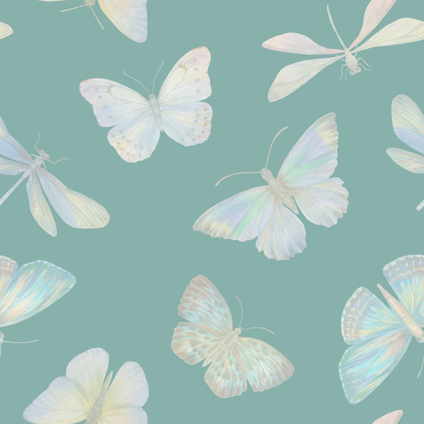 Watercolor butterflies seamless pattern. Abstract butterflies painted in watercolor in mixed media. Botanical background for design, print, wallpaper, textile, wrapping paper. - Foto, immagini