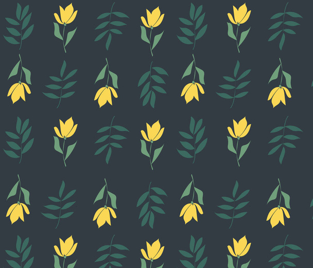 Pattern of yellow flowers and palm branches on a dark green background, vector image - Vektori, kuva