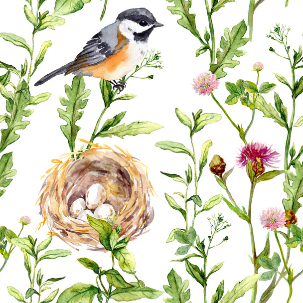 Pattern with herbs, bird and nest. Seamless watercolor - Fotó, kép