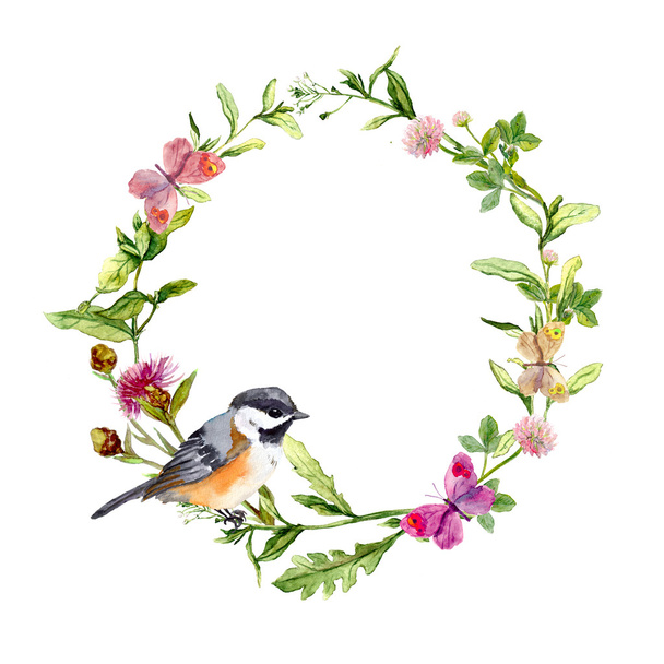 Wreath border frame with herbs, meadow flowers and butterflies. Watercolor - Φωτογραφία, εικόνα