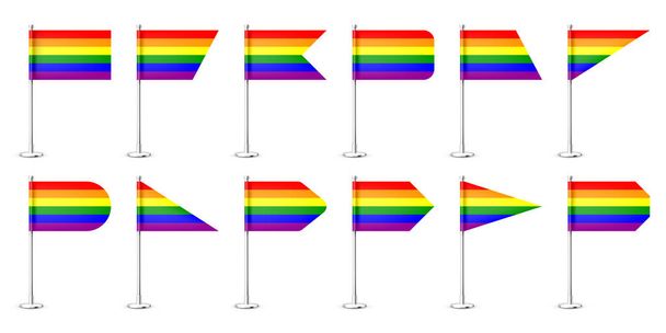 Reális különböző asztali zászlók egy króm acél rúdon. Szivárvány LMBT asztali zászló papírból vagy szövetből. Fényes fém állvány. Mockup promóció és reklám. Vektorillusztráció - Vektor, kép
