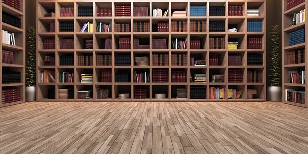 Modern nagy könyvtár design, fa könyvespolc fa parkettával realisztikus 3D renderelés - Fotó, kép