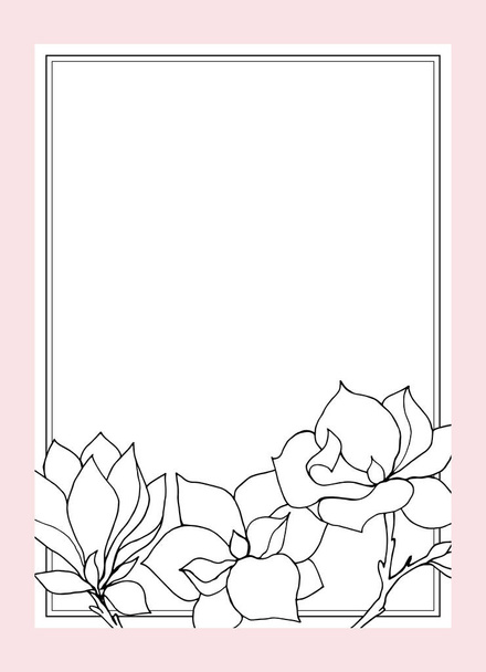 Rectangular postcard template with a rectangular frame decorated with a bouquet of decorative magnolia flowers, hand drawn in black outline on a pink background. - Vector, imagen