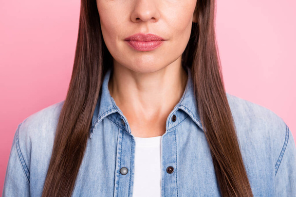 Cropped photo of young charming lady lips enlargement maquillage isolated over pastel color background - Foto, afbeelding