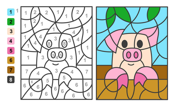Color by numbers pig Animal. Puzzle game for children education, drawing and learning mathematics - Vector, Image