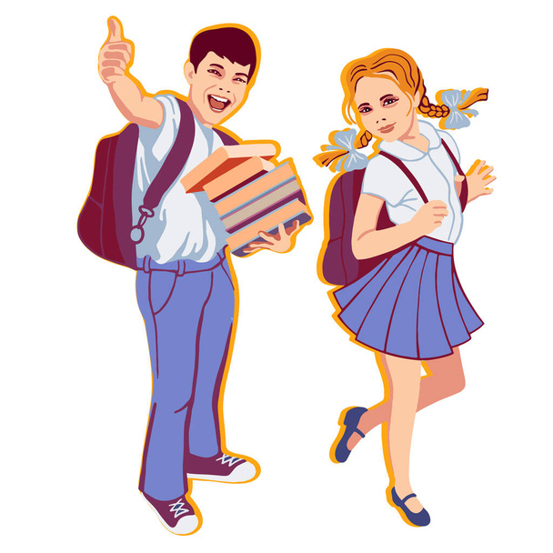 Щасливі школярі хлопчик і дівчина в уніформі
. - Вектор, зображення
