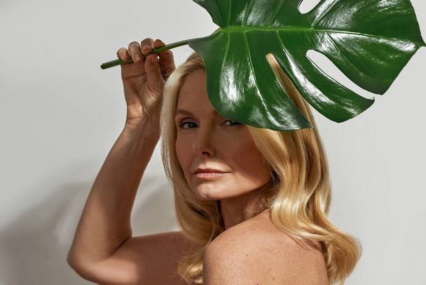 Middle aged woman holding green leaf over head - Foto, Imagem