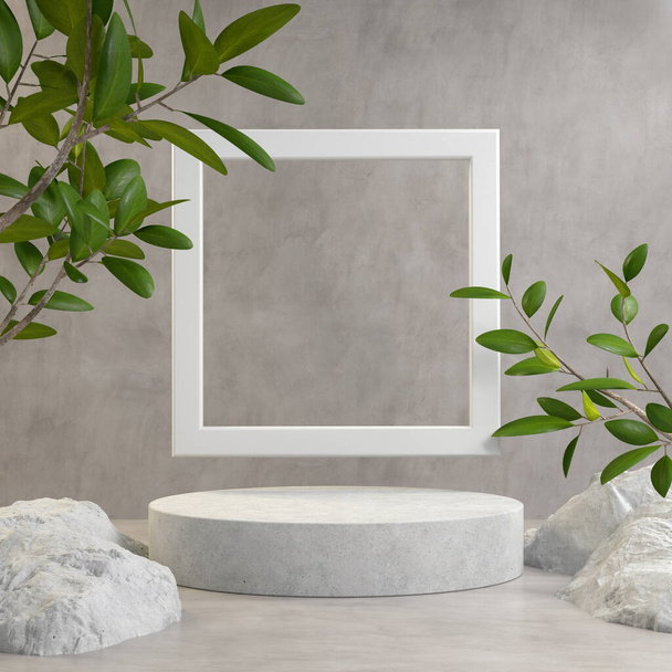 3d Rendering Modern Mockup Display Shelves, White Window, Concrete Background - Фото, изображение