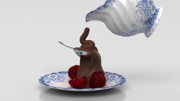 Karafa nalévá tekutou čokoládu na jahody, sladké, 3d ilustrace, 3d vykreslení - Záběry, video