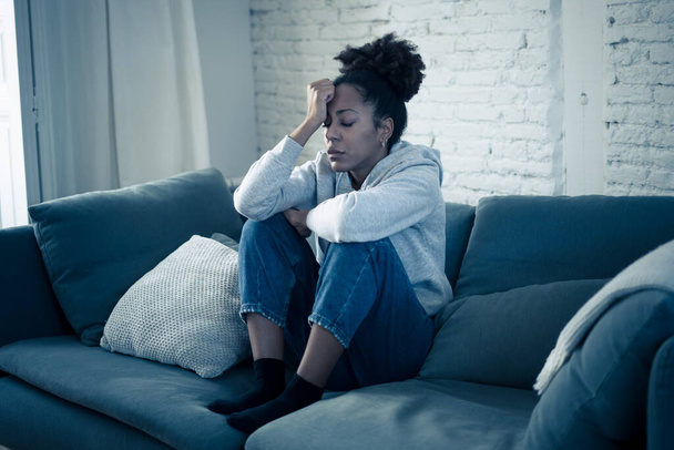 Young devastated depressed african american woman crying feeling sad, hurt suffering depression in sadness and emotional pain. Mental health in young people, bullying suicide and heartbroken concept. - Φωτογραφία, εικόνα