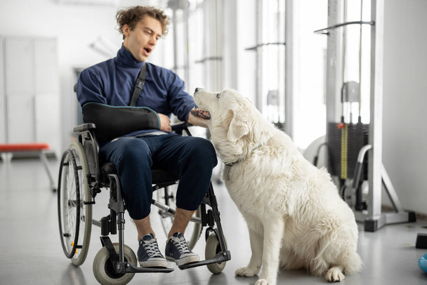 Cara com deficiência em uma cadeira de rodas com seu cão de assistência no centro de reabilitação - Foto, Imagem