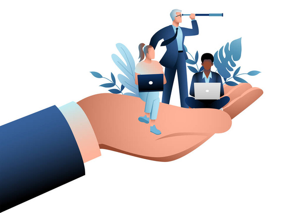 Гигантская рука, держащая в руках бизнес-работников, концепция эмоциональных льгот, забота о сотрудниках, корпоративная поддержка сотрудников - Вектор,изображение