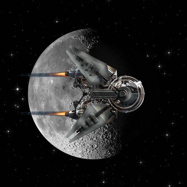 Ilustração 3D com uma nave espacial tripulada perto da Lua para fundos de exploração espacial. Elementos desta imagem fornecidos pela NASA. - Foto, Imagem