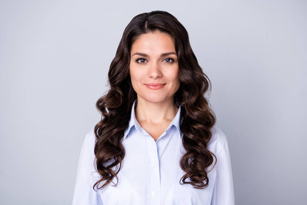 Photo of ceo nice brunette young lady wear blue shirt isolated on grey color background - Foto, afbeelding