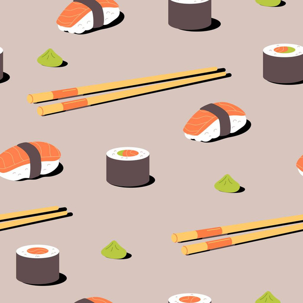 Sushi e rolos sem costura padrão. Fundo vetor de frutos do mar de sushi, rolos, maki, pauzinhos, wasabi. Japonês asiático cozinha e oriental cozinha, restaurante papel de parede - Vetor, Imagem