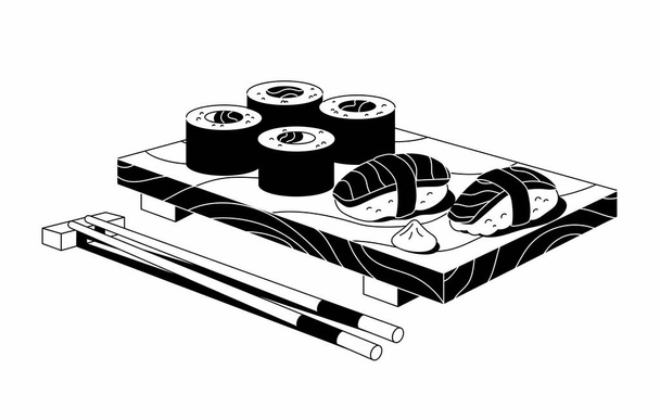 Vetor ilustração em preto e branco de sushi e sashimi. Sushi de comida asiática em tábua de madeira com pauzinhos de sushi e wasabi. Sushi linha arte ilustração  - Vetor, Imagem