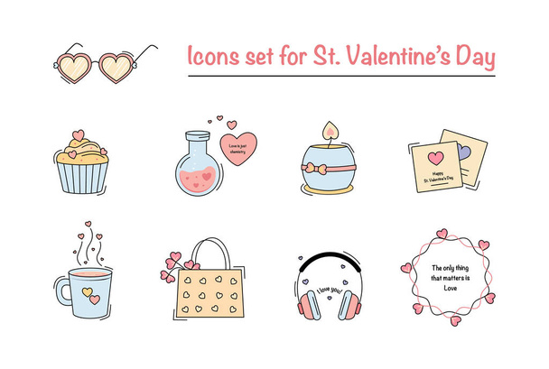 Ilustración vectorial de iconos establecidos para el Día de San Valentín. - Vector, imagen