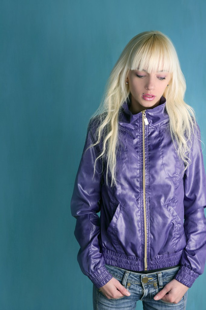 Blonde fashion young girl purple jacket - Fotoğraf, Görsel