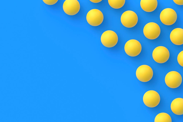 Table tennis. Leisure games. International competitions. Sports Equipment. Scattered ping-pong balls on blue background. Flat lay. Copy space. 3d render - Foto, immagini