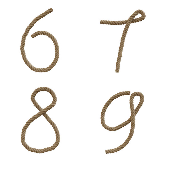 Representación 3D del alfabeto de letras mayúsculas de cuerda de cáñamo - dígitos 6-9 - Foto, Imagen