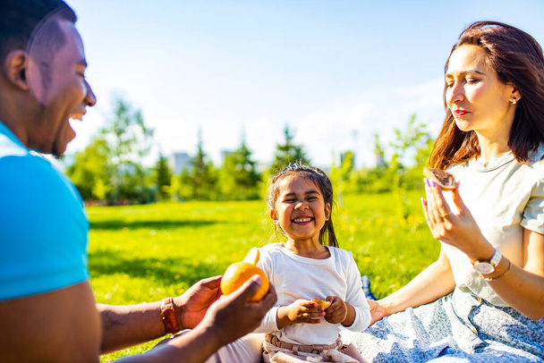 щаслива сім'я мультикультурних гонок на пікніку з кошиком для їжі сидить на плоскій галявині
 - Фото, зображення