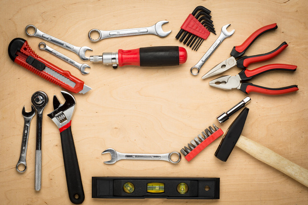 Set of tools on a wood panel - Foto, Imagem