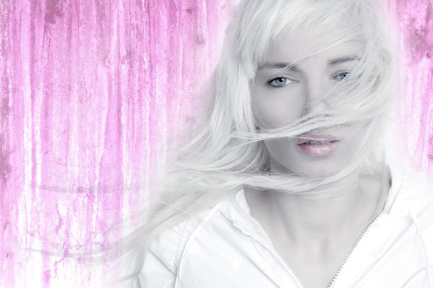 Blonde girl wind long hair flying pink - Foto, Bild