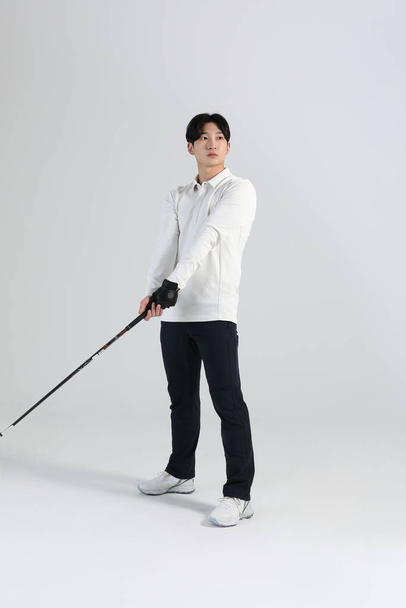 golf sports player, asian korean man with golf club in studio - Photo, Image