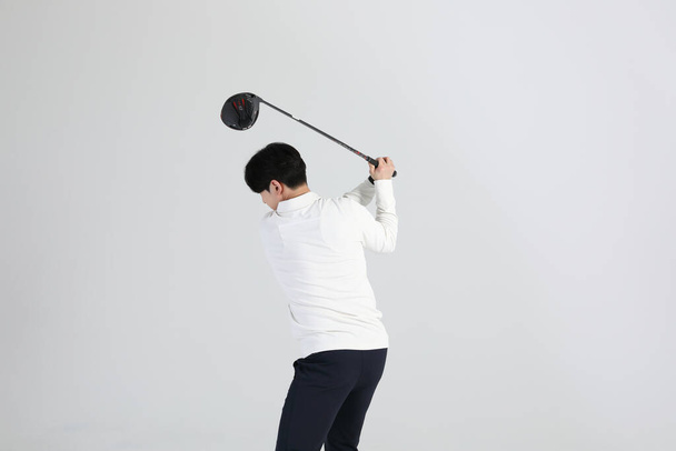 golf sports player, asian korean man with golf club in studio - Foto, Imagem