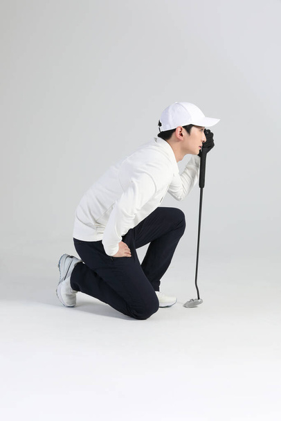 golf sports player, asian korean man with golf club in studio - Foto, Imagem