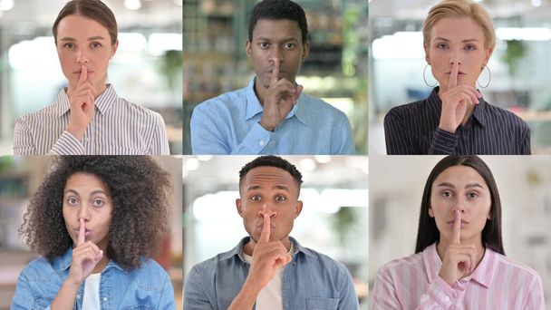 Collage de personnes montrant signe silencieux, doigt sur les lèvres - Photo, image