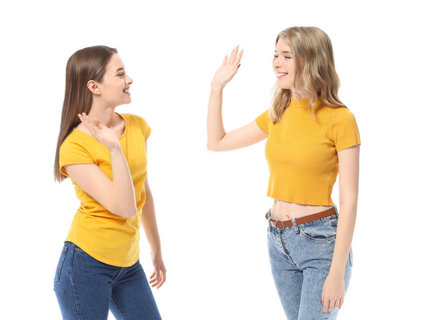 Portrait of young sisters giving high-five gesture to each other isolated on white - Photo, Image