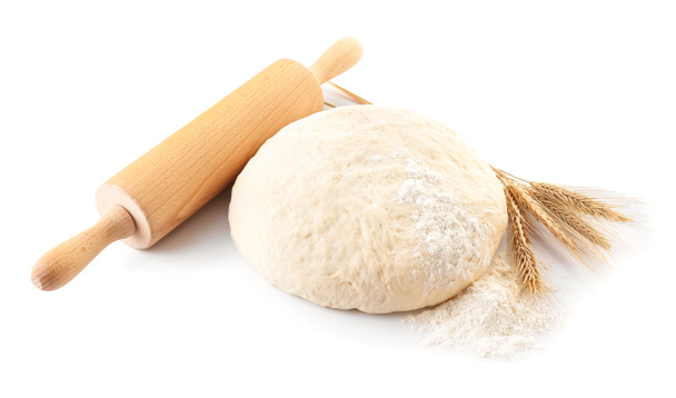 Raw dough with rolling pin on white background - Photo, Image