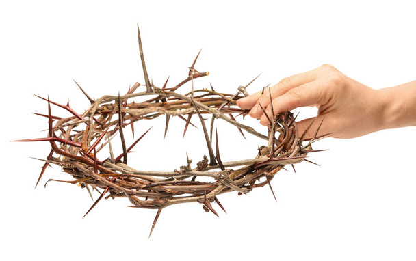 Hand with crown of thorns on white background - Photo, Image
