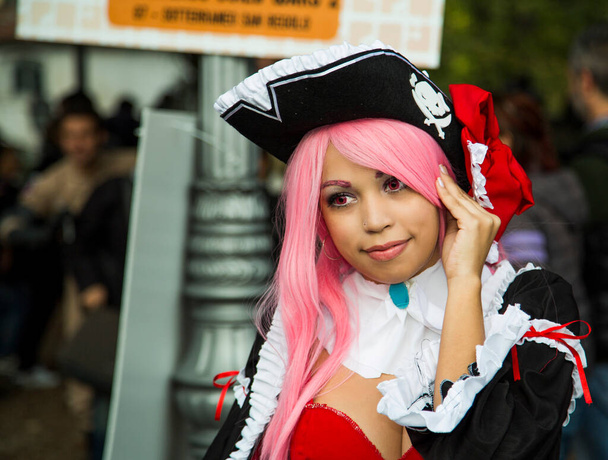 Lucca, Italy - 2018 10 31 : Lucca Comics free cosplay event around city pirate girl. High quality photo - Foto, Imagen