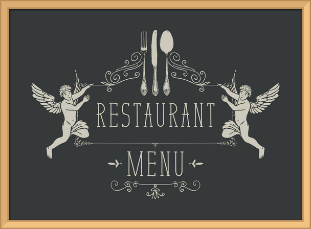 Food and drink menu for restaurant or cafe decorated with two angels, beautiful vintage cutlery and curlicues on a black background in a wooden frame. Vector illustration in retro style. - Vektori, kuva