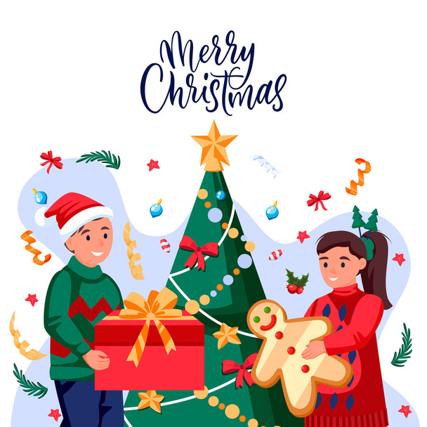 Niño con regalo y niña con pan de jengibre en trajes de vacaciones cerca del árbol de Navidad. Niños felices preparándose para la celebración de Año Nuevo. Vector dibujos animados planos niños personajes ilustración - Vector, imagen