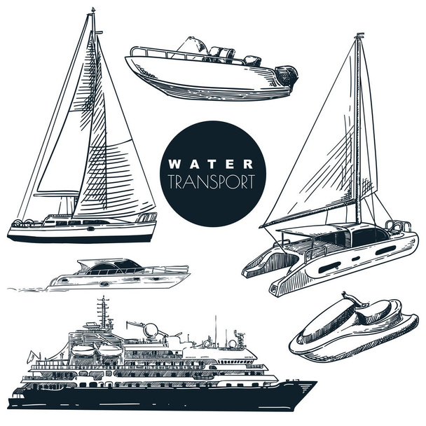 水船輸送設計要素の収集。ベクトル手描きスケッチイラスト。車両設計要素。帆ボート、クルーズ船、ヨットのアイコンセット - ベクター画像